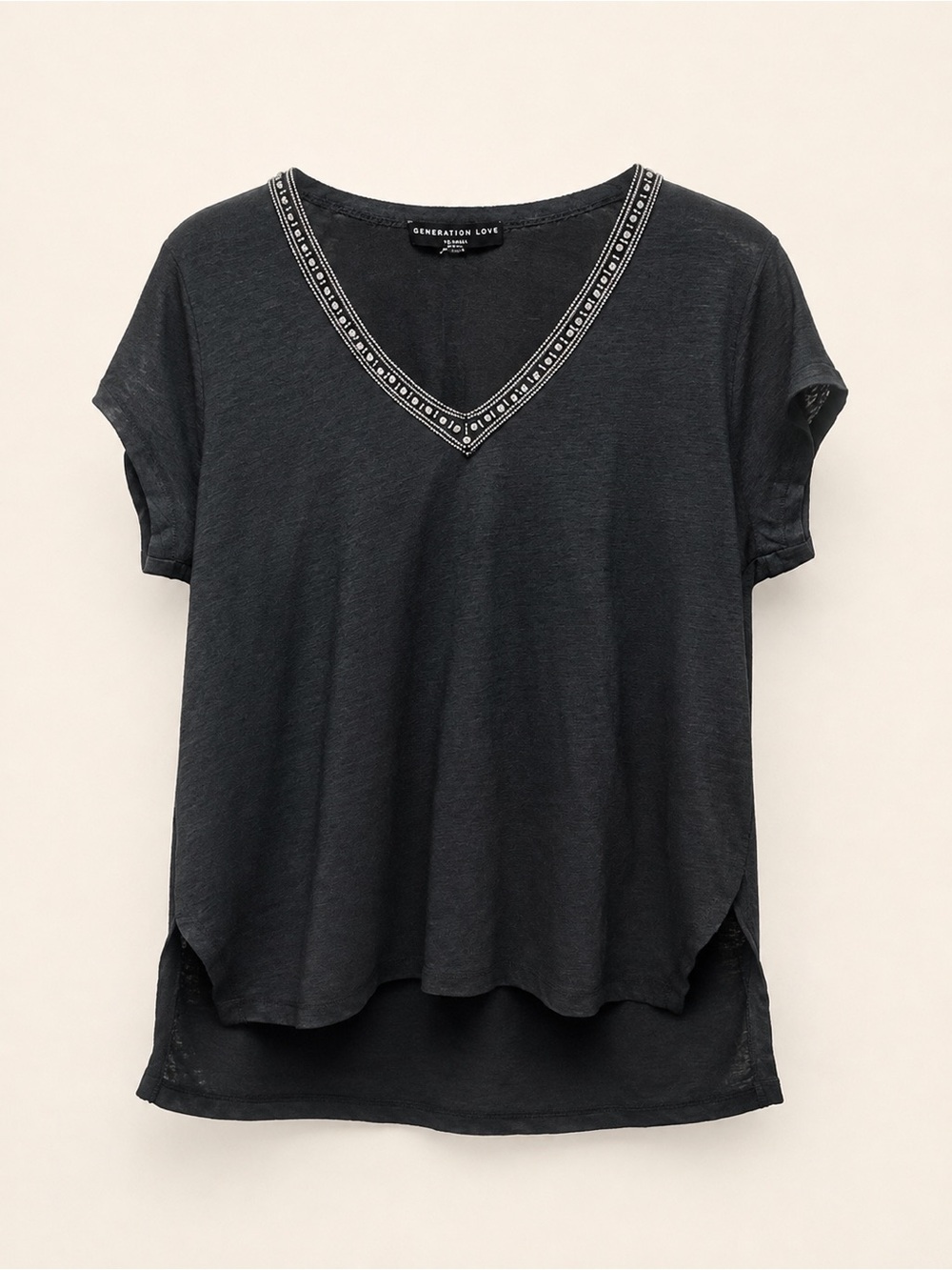 Generation Love Black V-Neck Tee with Embroidered Trim